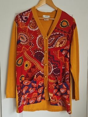 CELINE: Vintage rich red and orange jewel and paisley logo cardigan